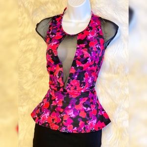 Adorable Multicolored Peplum Top Mesh Inset!